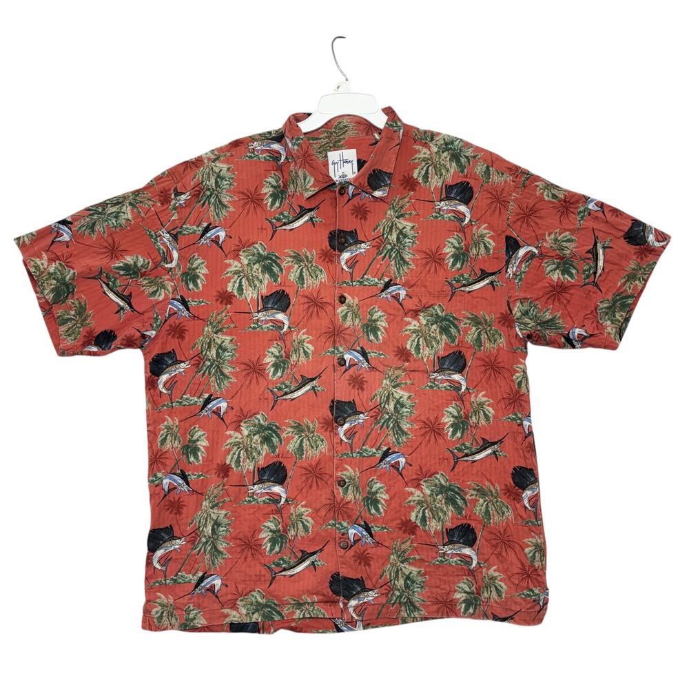 Vintage Guy Harvey Afico Hawaiian Shirt 2X Orange Swordfish Camp Floral USA